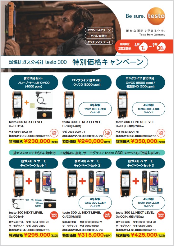 燃焼排ガス分析計 testo300 特別価格キャンペーン